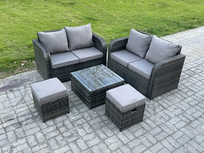 Image of Fimous Rattan Sofa Set Outdoor Garden Furniture Set with Square Coffee Table Loveseat Sofa 2 Small Footstool Dark Grey Mixed Dark Grey