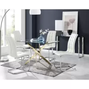 Image of Furniturebox Leonardo 120cm Modern Glass And Gold Metal Leg Dining Table And 4 White Murano Faux Leather Silver Chrome Leg Dining Chairs