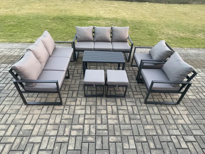 Image of Fimous Aluminium Outdoor Garden Furniture Lounge Sofa 2 PC Chairs Oblong Coffee Table Sets with 2 Small Footstool Dark Grey Dark Grey Unisex