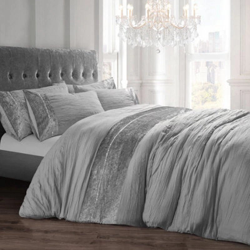 Image of Intimates Elegant Crushed Velvet Duvet Cover & Pillowcase Set, Durable, Machine-Washable, Wrinkle-Resistant - Silver