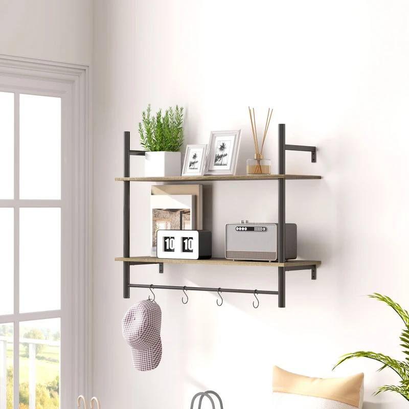 Image of HOMCOM Wall Shelf Unit with 4 Hooks for Living Room - Entryway - Grey TJ Hughes 5063603420205