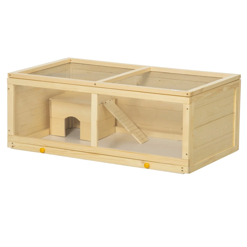 Image of PawHut Wooden Hamster Cage with Sliding Tray, Openable Top, Hut Natural Wood Natural