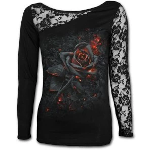 Image of Burnt Rose Womens Medium Lace One Shoulder Long Sleeve Top - Black