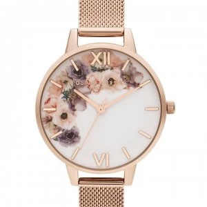 Image of Olivia Burton Watercolour Floral Mesh Strap Watch - Rose Gold