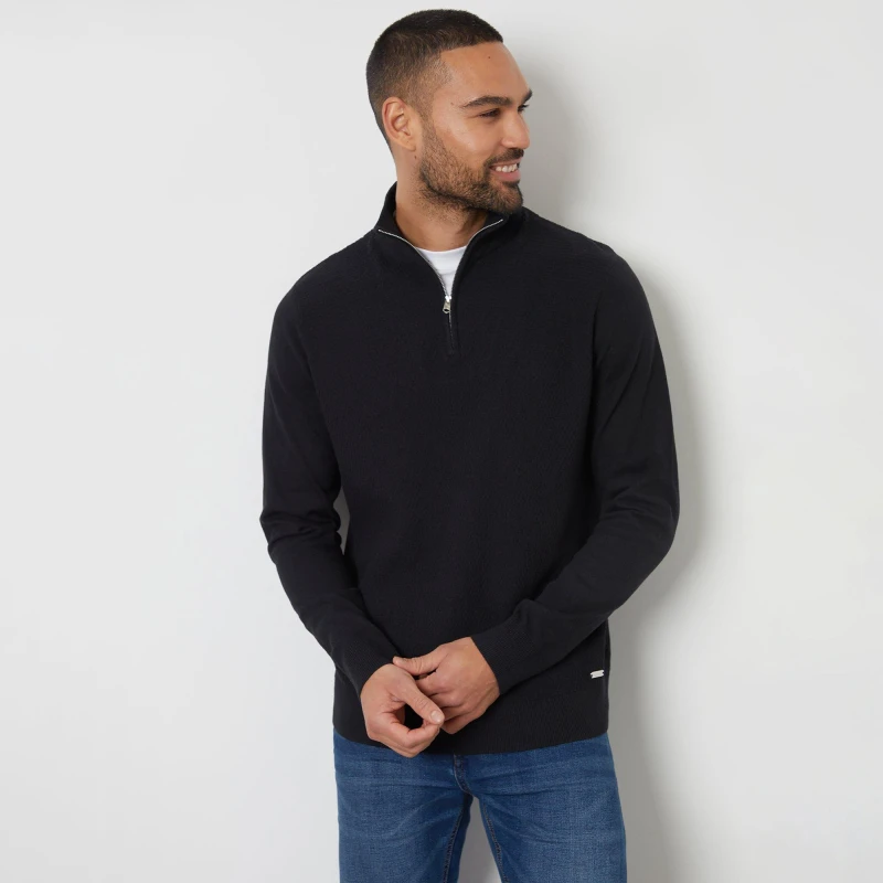 Image of Threadbare Basket Stitch Mock T-Shirt Quarter Zip Jumper Black