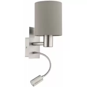 Image of Wall Light Colour Satin Nickel Shade Taupe Fabric Bulb E27 LED 1x40W 1x3.5W