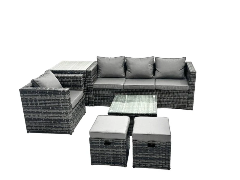 Image of Fimous 6 Seater Patio Lounge Sofa Set with Side Table 2 Small Footstools in Dark Grey Dark Grey Unisex