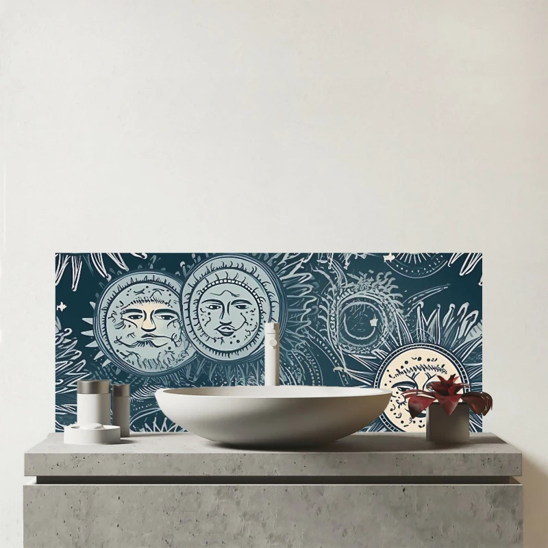 Image of Warren Reed - Designer Silver Blue Moon & Stars Glass Bathroom Splashback Blue Unisex