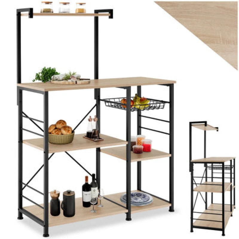 Image of Tectake Shelving Unit Crawley - Industrial Style, 6 Shelves, Pull-Out Basket, 90 X 40 X 131.5cm - Industrial Wood Light, Oak Sonoma