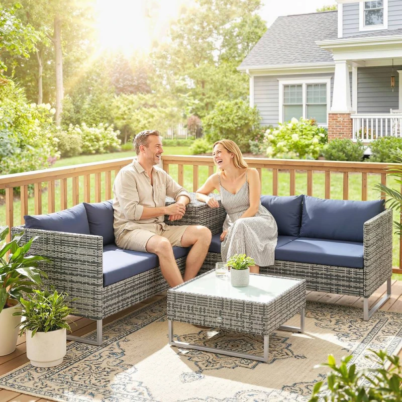 Image of OUTSUNNY Rattan Garden Furniture Set with Storage Table, Cushions, Dark Blue Dark Blue Unisex