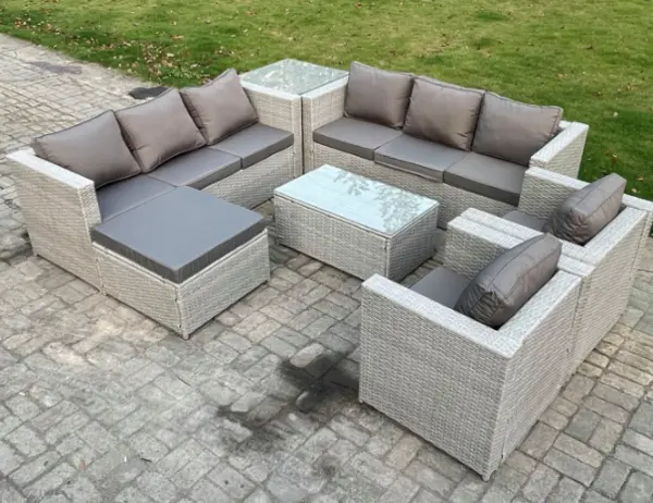 Image of Fimous 8 Seater Outdoor Light Grey PE Rattan Lounge Complete Sofa Set with Coffee Table and Big Footstool