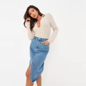 Image of Missguided Front Denim Midi Skirt Co Ord - Blue