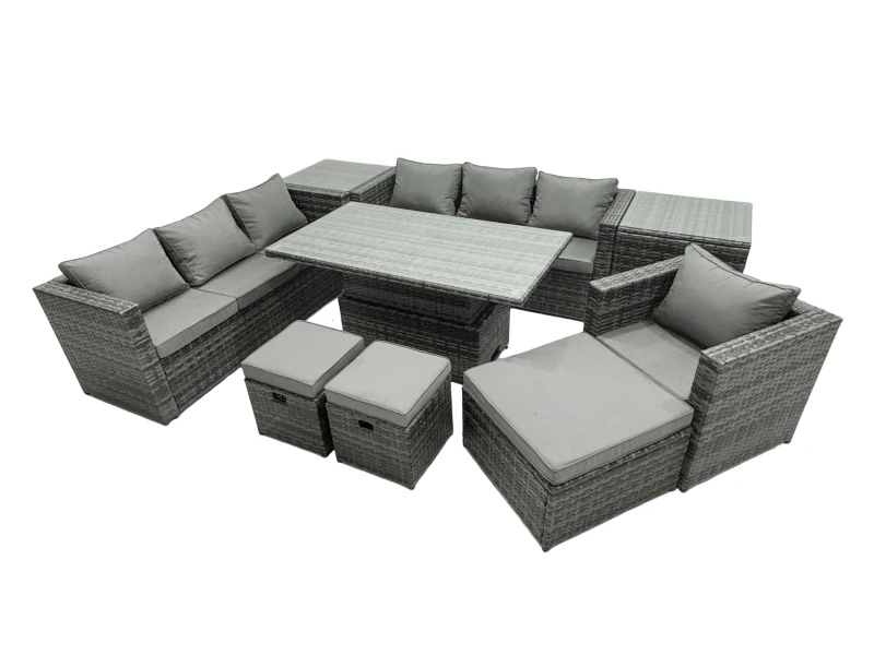 Image of Fimous Rattan Lounge Sofa Rising Dining Table Set & 2 Side Tables 3 Footstool in Dark Grey Dark Grey Unisex