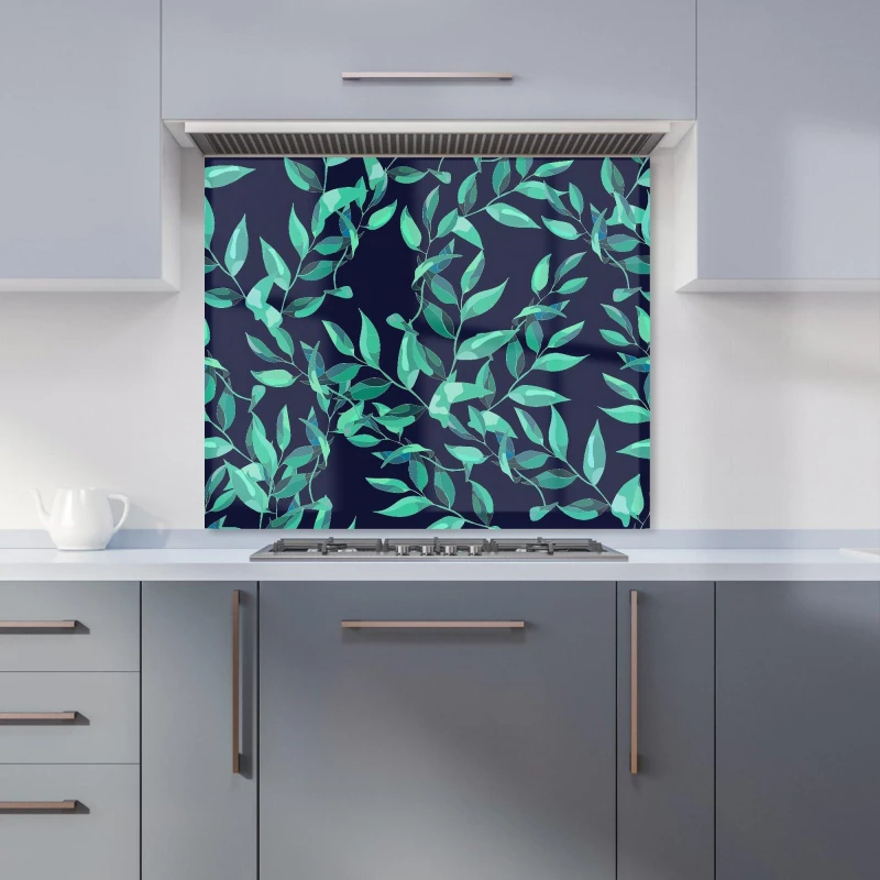 Image of Warren Reed - Designer Delicate Green Foliage Kitchen Splashback in Blue Size: 700mm x 650mm Blue Unisex 700mm x 650mm