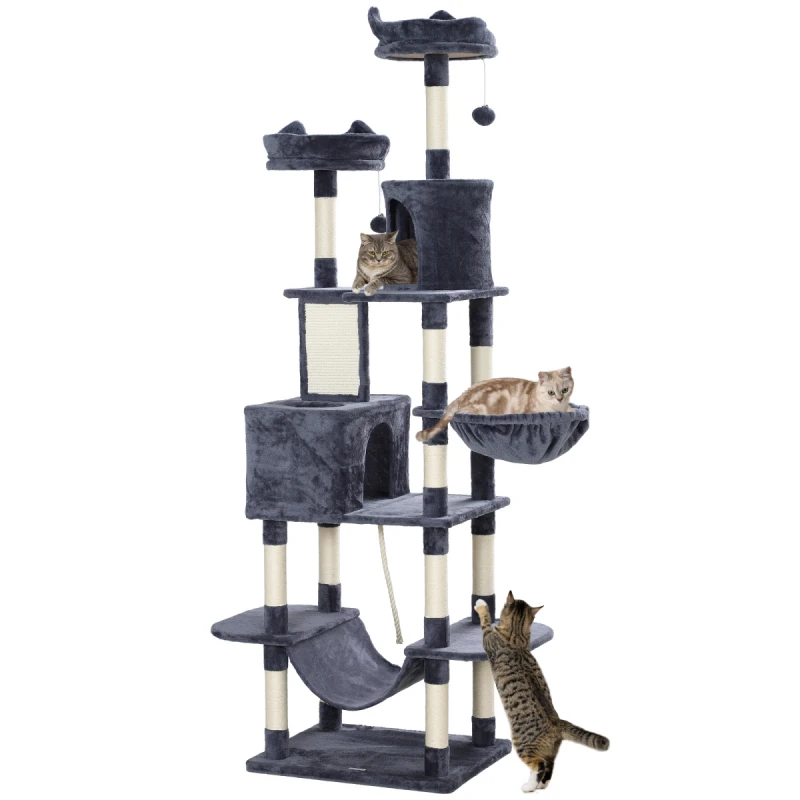 Image of PawHut 206cm Cat Tree with Scratching Posts, Beds, Condos, Toys, Dark Grey D30-873V00CG