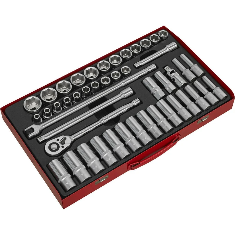 Image of Loops 46 PACK Socket Set - 1/2" Metric Square Drive - 6 Point Socket Ratchet Handle Multi