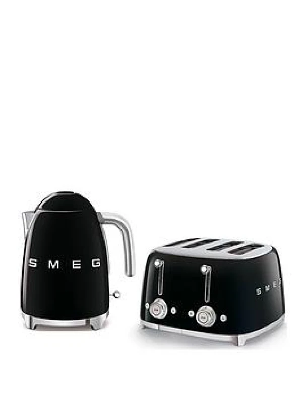Image of Smeg 50'S Style Kettle Klf03Bluk And 4-Slice Toaster - Black W9OU1 Unisex