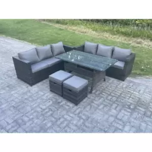 Image of Fimous 6 Seater Outdoor Dark Grey Mixed Rattan Lounge Complete Sofa Set with Rectangular Dining Table and 2 Stools