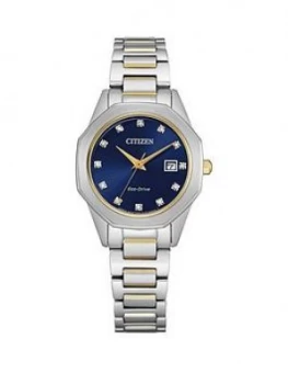 Image of Citizen Ladies Eco Drive Bi Colour Stainless Steel Diamond Set Navy Dial Watch