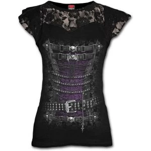 Image of Waisted Corset Lace Layered Cap Sleeve Womens X-Large Short Sleeve Top - Black