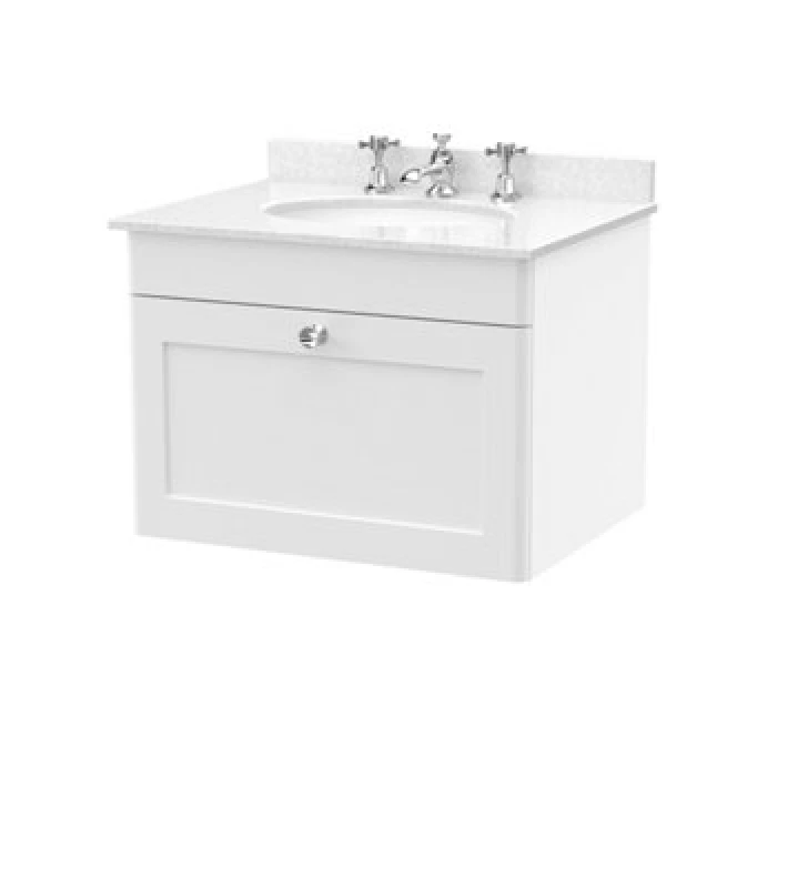 Image of Nuie Classique Wall Hung 1 Drawer Vanity Unit & 3 Tap Hole White Marble Top With Oval Basin, Stylish Sink Vanity Unit In Satin