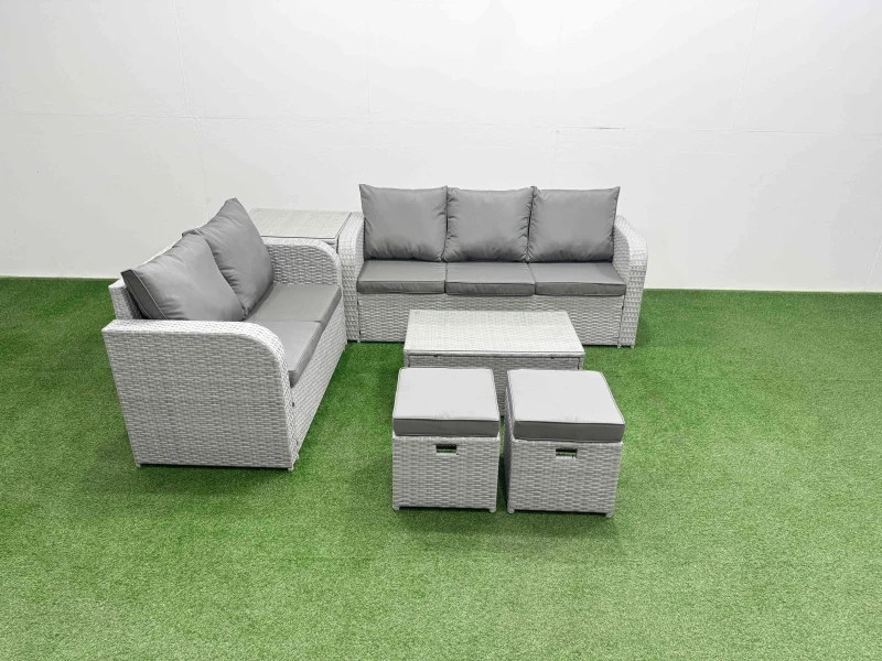 Image of Fimous 7 Seater PE Rattan Wicker Garden Furniture Patio Conservatory Sofa Set with Rectangular Coffee Table 3 Seater Sofa Love Sofa 2 Stools Side Tabl