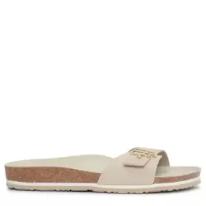 Image of Tommy Hilfiger Suede Cork Flat Slide Sandals In Beige - Size 39