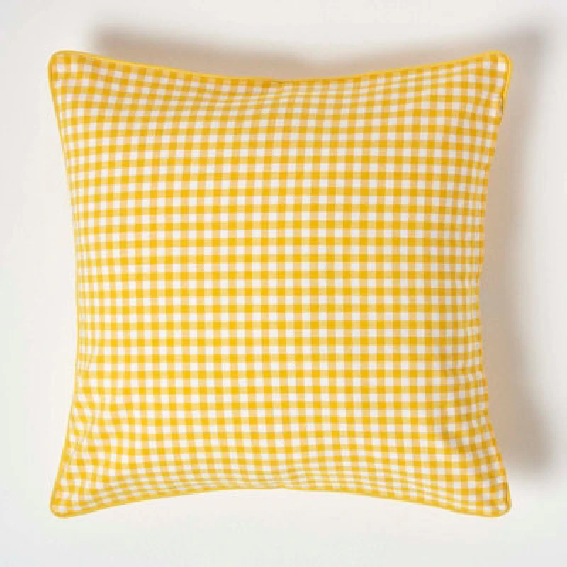 Image of Homescapes Cotton Gingham Check Yellow Cushion Cover, 60 X 60 Cm
