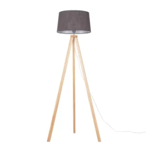 Image of Barbro Light Wood Tripod Floor Lamp with Dark Grey Doretta Shade