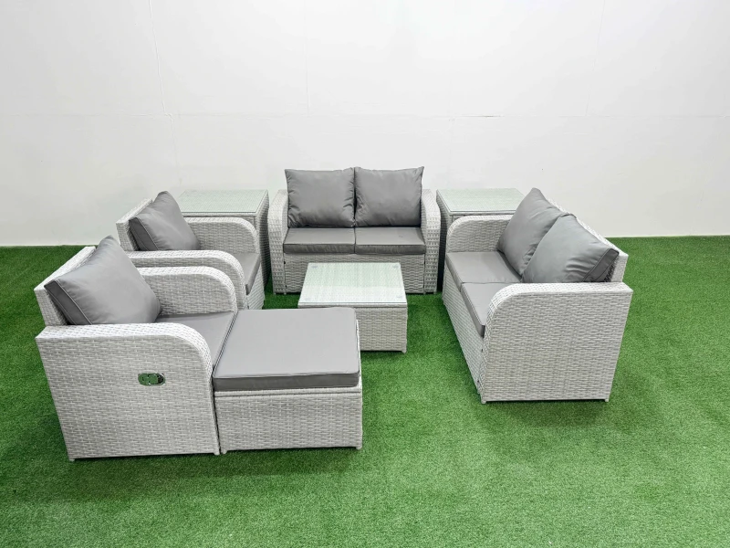 Image of Fimous 7 Seater Outdoor Reclining Chair Love Sofa Set Rattan Garden Furniture Set with Square Coffee Table Footstool 2 Side Tables Light Grey Light Gr