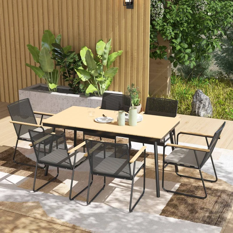 Image of OUTSUNNY 6 Seater Garden Dining Set with Cushions Rattan Backrest in Natural Natural Unisex