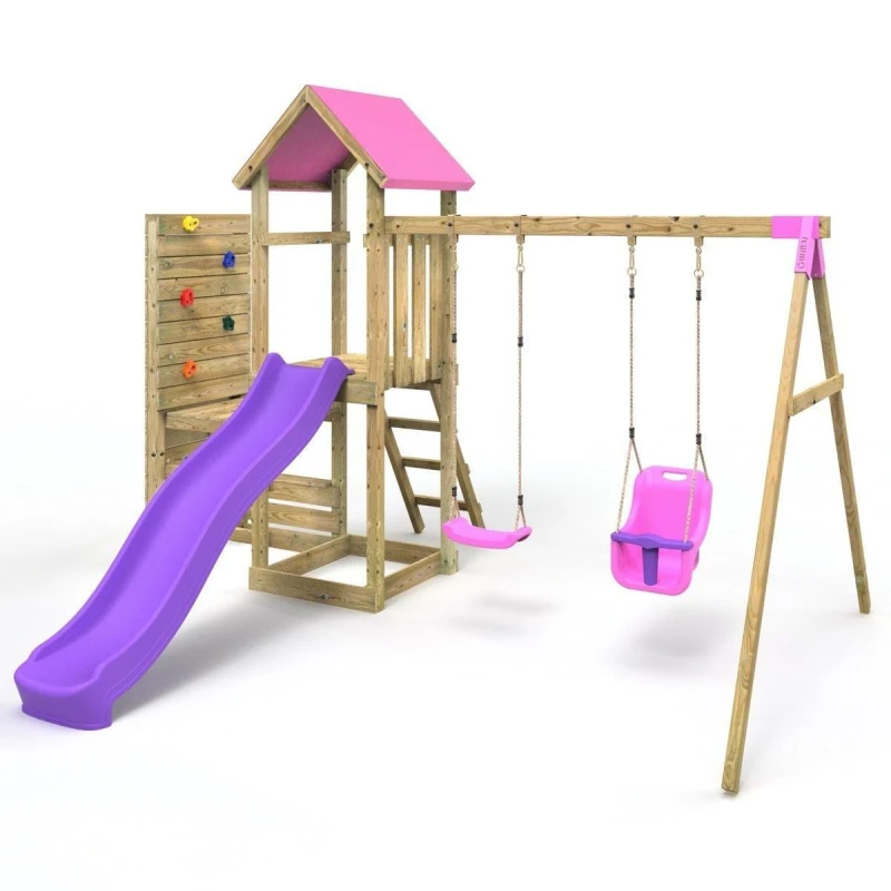 Image of Rebo Wooden Climbing Frame with Swing, Vertical Climbing Wall and Slide - Rainier Pink Pink