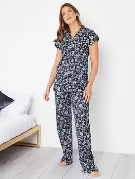 Image of Long Tall Sally Stencil Floral Collar Ss Pj Set, Blue, Size 14-16, Women