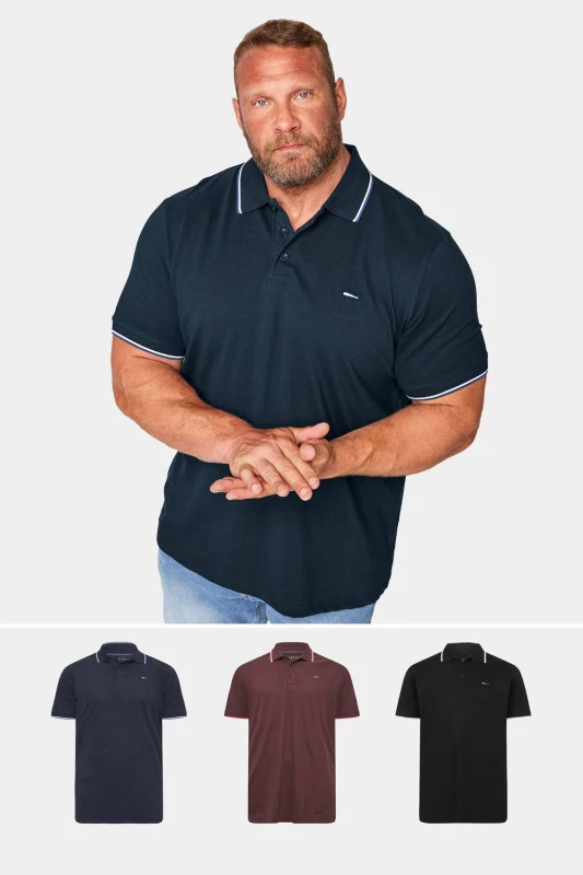 Image of BadRhino Mens 3 Pack Tipped Polo Shirts in Dark Navy Size: 5-6XL Dark Navy Male 5-6XL