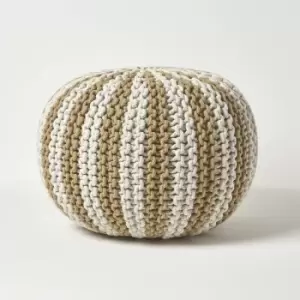 Image of Off White and Linen Knitted Pouffe Striped Footstool 40 x 50cm - Linen & Off White - Homescapes