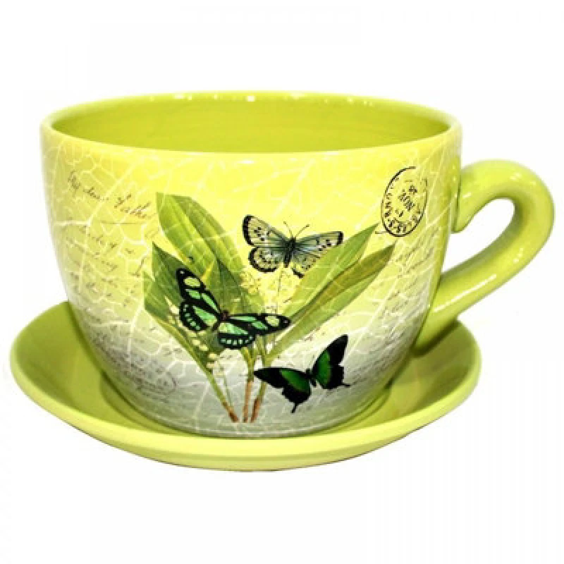 Image of Gr8 Garden Giant Green Butterfly Leaf Design Tea Cup And Saucer Planter Jumbo Plant Pot Tub
