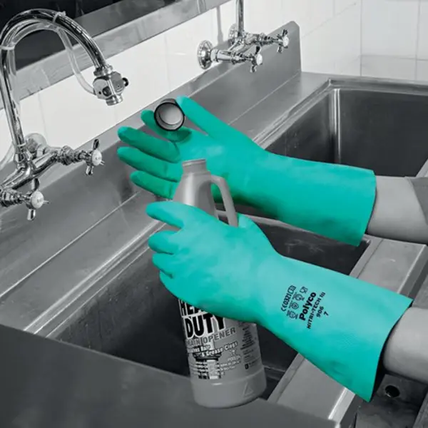 Image of Polyco Nitri-Tech III Flock Lined Nitrile Synthetic Rubber Glove Size 7 Small Green 92-small