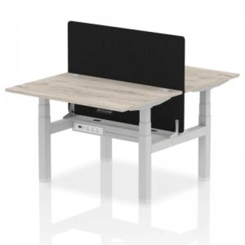 Image of Air Back - to - Back 1200 x 800mm Height Adjustable 2 Person Bench Office Desk Grey Oak Top - Cable Ports Silver Frame - Black Straight Screen