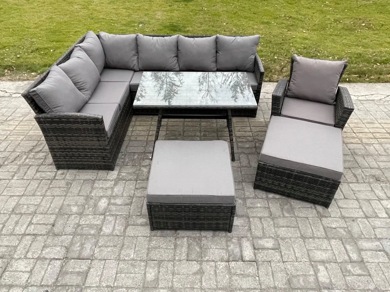 Image of Fimous Rattan Garden Furniture Corner Sofa Set with Oblong Dining Table Footstool Armchair Outdoor Wicker Rattan Set in Dark Grey Dark Grey Unisex