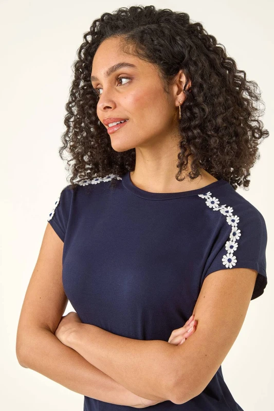 Image of Roman Womens Daisy Shoulder Trim T-Shirt in Navy Size: 18 Navy Female 18
