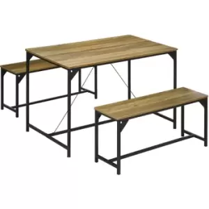 Image of HOMCOM Dining Table and Bench Set for 4, Modern Kitchen Table & 2 Benches - Natural wood finish