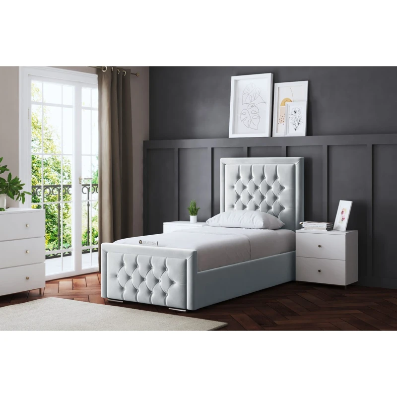 Image of DS LIVING Allegra Silver Upholstered Bed With Ottoman Metal Gas Lift Small Single AM_HILTONOB_SSIN_SIL