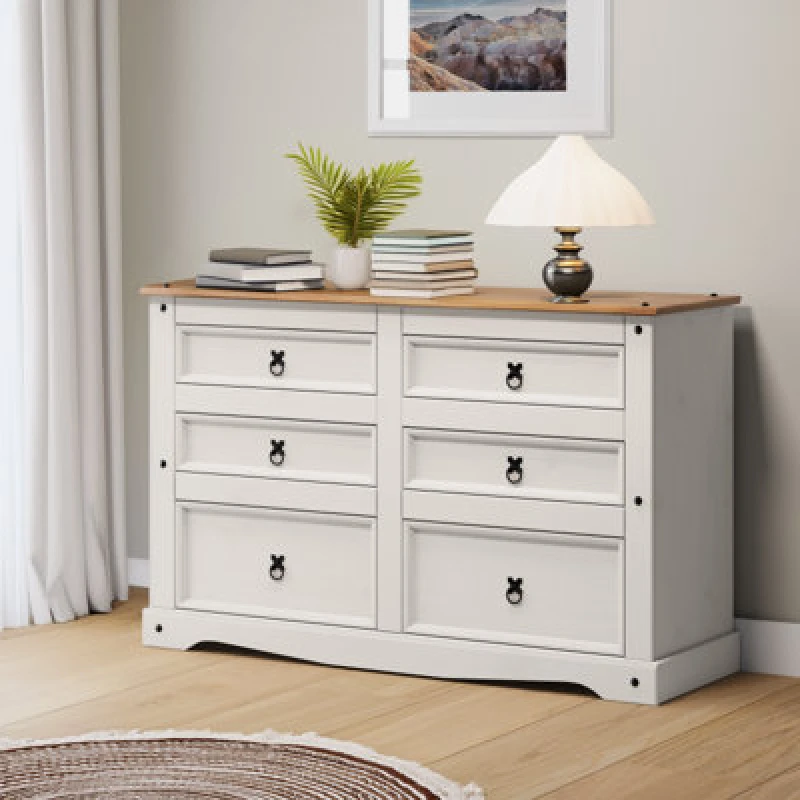 Image of Mercers Furniture Corona White Low 3+3 Wide 6 Drawer Chest Sideboard Solid Pine With Mexican Styling, White WHTWAX61