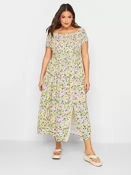 Image of Yours Shirred Bardot Maxi Dress Pretty Floral, Pink, Size 18, Women