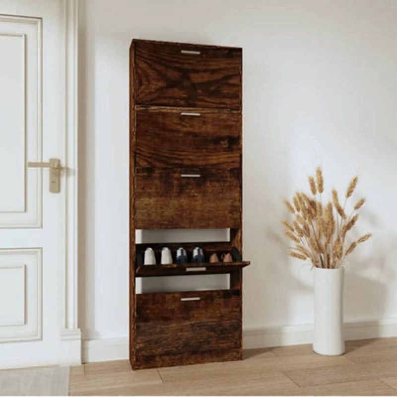 Image of Vidaxl Shoe Cabinet Smoked Oak 59X17X169cm Engineered Wood