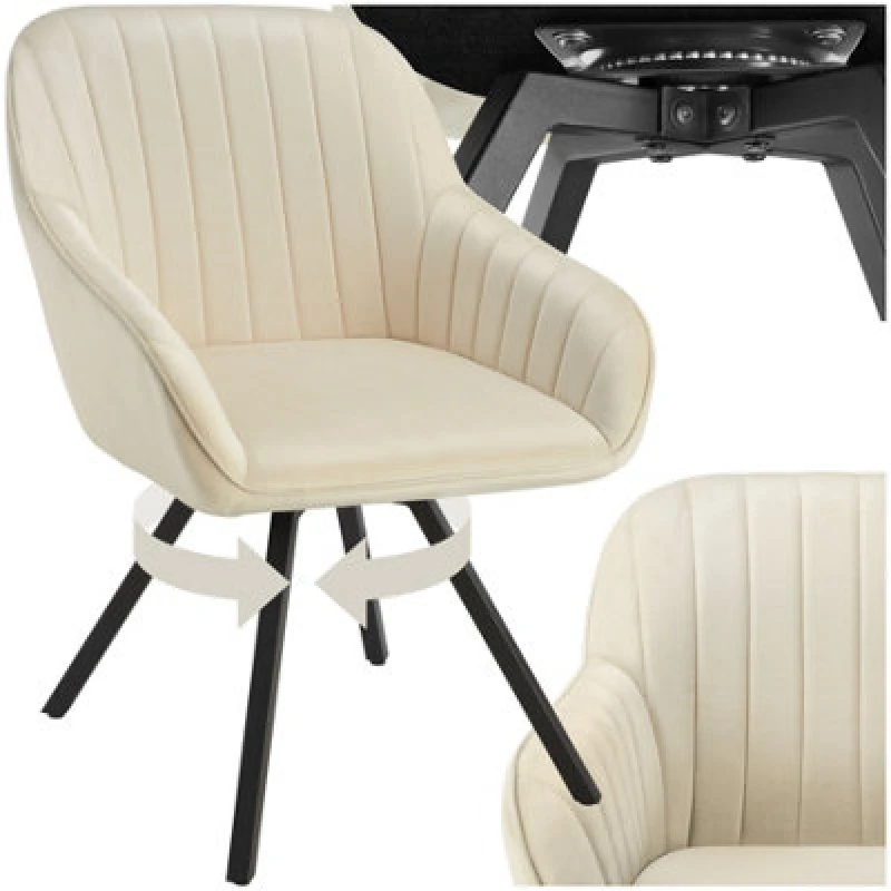 Image of Tectake 1 Lounge Armchair Living Room Accent Chair 360 Swivel Slim Steel Legs Velvet Fabric - Cream