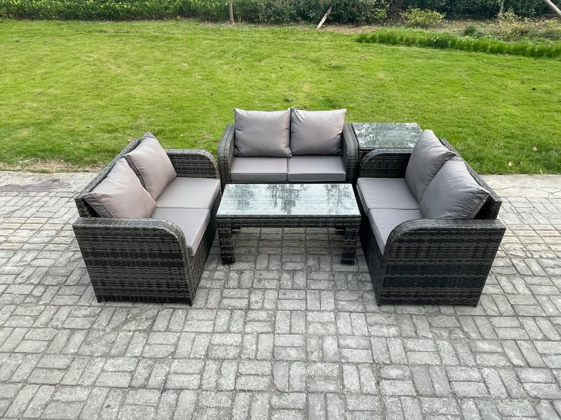 Image of Fimous Rattan Garden Furniture Set 6 Seater Indoor Outdoor Patio Sofa Set with Coffee Table Loveseat Sofa Side Table Dark Grey Mixed Dark Grey