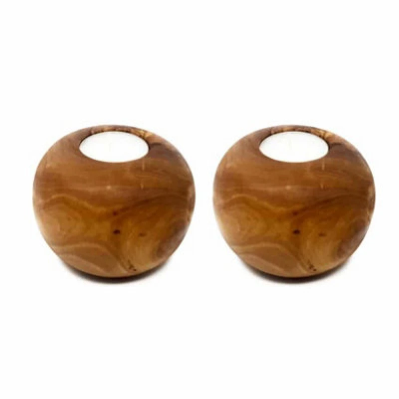 Image of Verano Spanish Ceramics Olive Wood Natural Grained Home Decor Set of 2 Rustic Tea Light Balls (H) 8.5cm Natural unisex