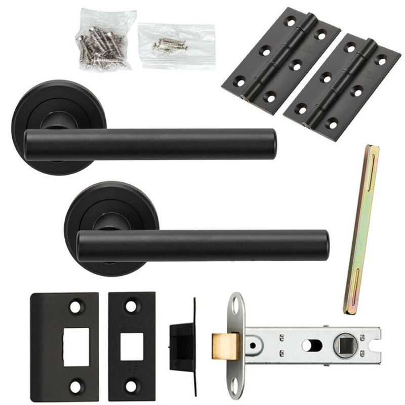 Image of Loops Door Handle & Latch Pack Matt Black Straight T Bar Lever Screwless Round Rose Black