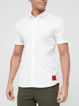 Image of HUGO Epson-W Red Patch Logo Short Sleeve Shirt - White, Size L, Men